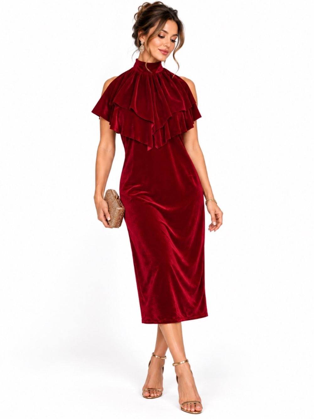 Auditions Elegant Velvet High-Neck Ruffle Midi Dress Burgundy Size 3X
